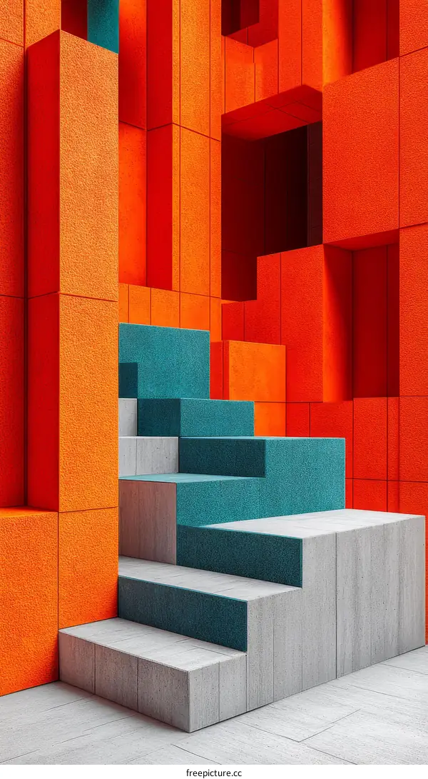 Abstract Geometric Steps with Orange and Teal Blocks