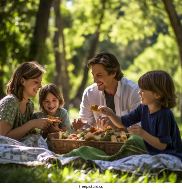 Happy family of four having picnic in park