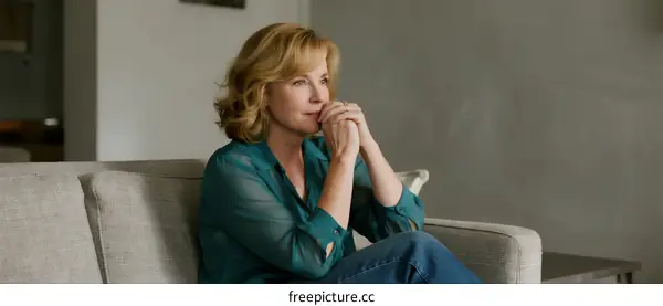 Thoughtful Woman Sitting on Sofa with Hand on Face in Room