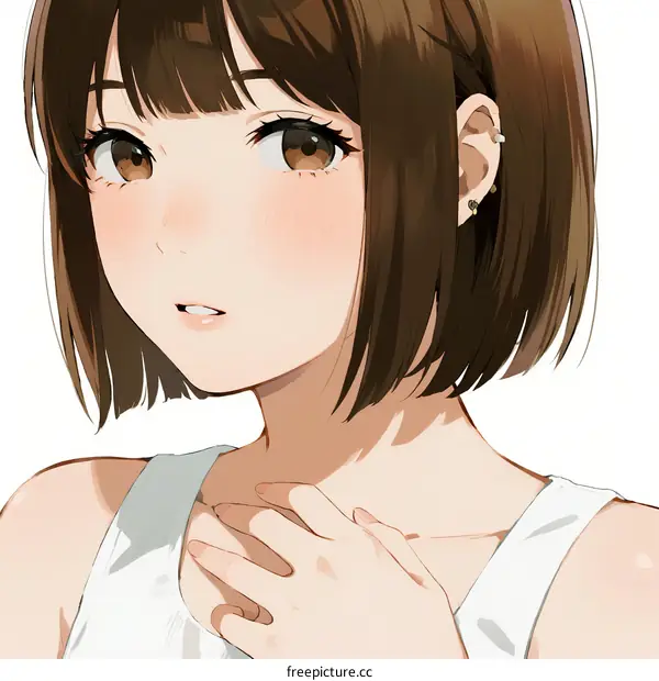 Portrait of young woman with short brown hair and white tank top