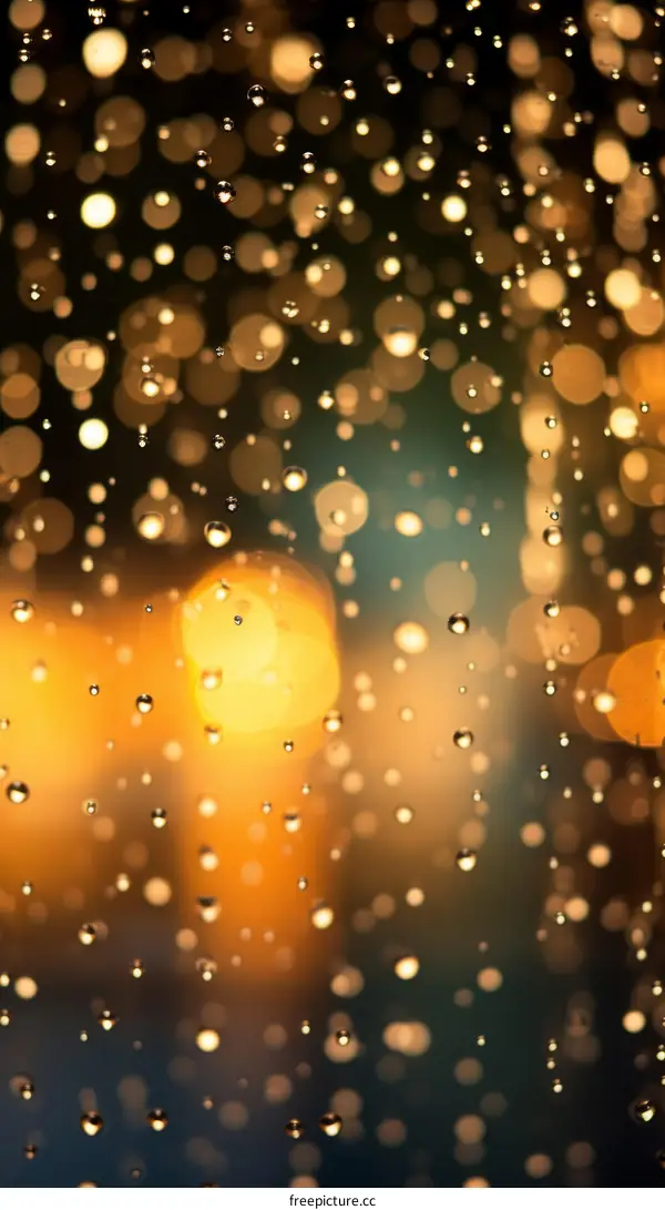 Raindrops on a window with blurred city lights in the background