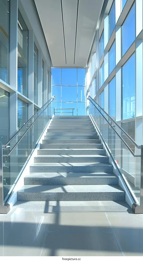 Staircase with Glass Railing and Blue Sky Background
