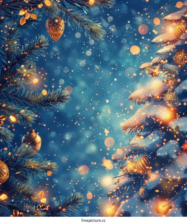 Christmas tree with golden decorations, lights and snowflakes