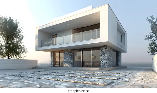 Modern house exterior with stone and large glass windows