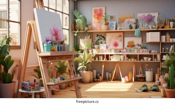 Art studio with a variety of painting supplies and finished paintings