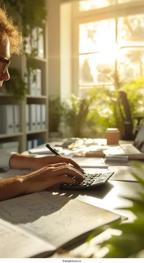 A businesswoman working on her finances in a home office