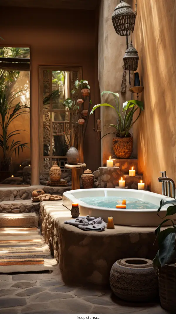 Bathroom with natural materials and tropical plants