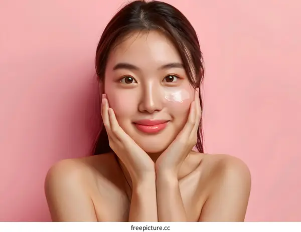 Beautiful Asian Woman with Makeup on Pink Background