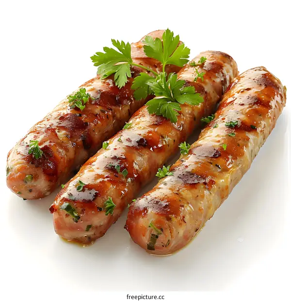 Three grilled sausages on a white background