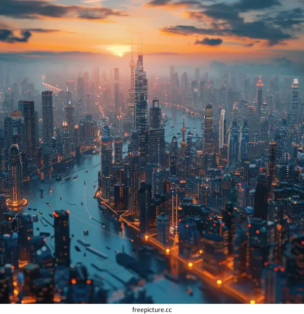 Futuristic Cityscape at Sunset with River and Skyscrapers