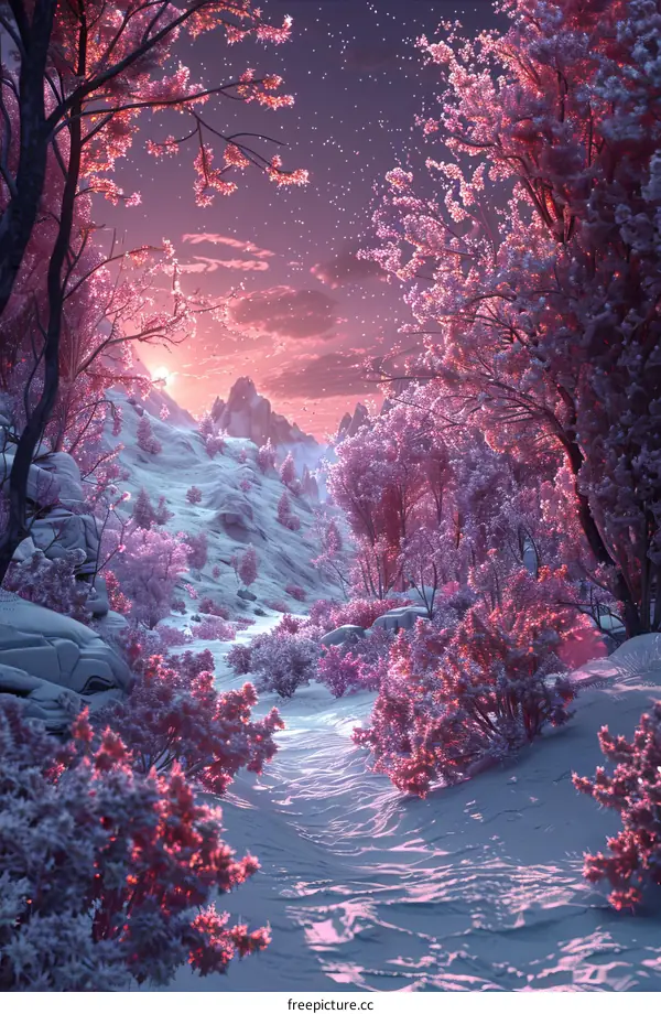 A winter landscape of pink trees and snowy mountains