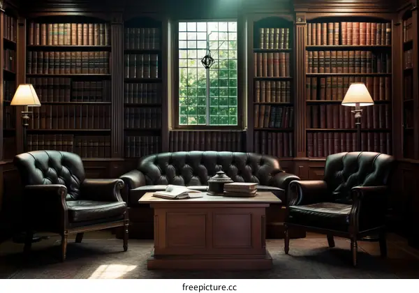 Elegant Ornate Library with Leather Chairs and Wooden Table
