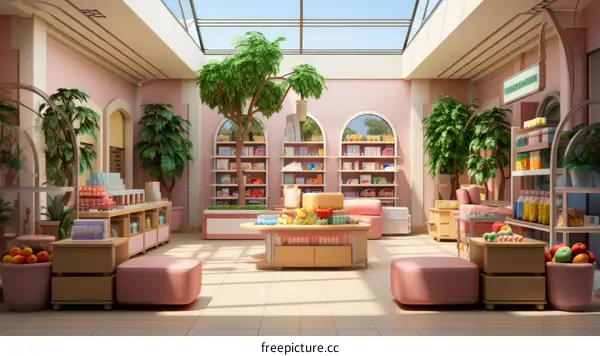 Pink Grocery Store Interior with Plants and Shelves