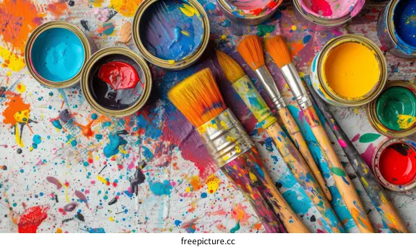 A variety of paint cans and paintbrushes are arranged on a table covered in paint.