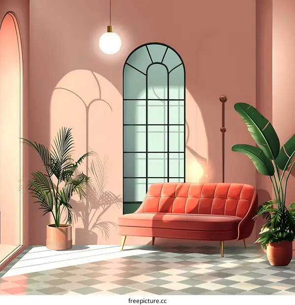 Minimalist Living Room Interior Design With Red Couch And Green Plants