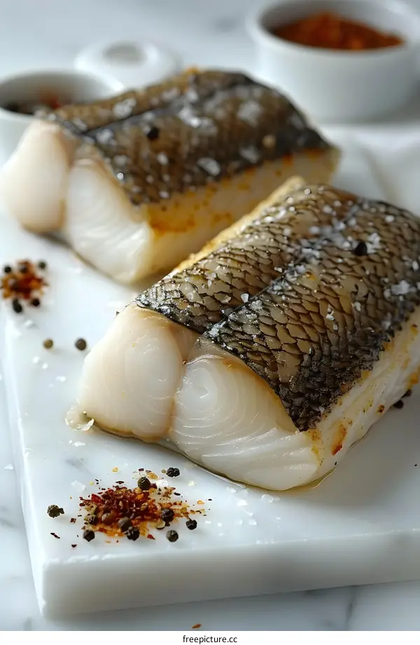 Two pieces of fish fillet with spices on a marble slab