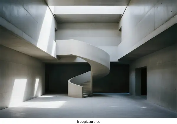 Spiral Staircase in Minimalist Concrete Building with Skylight