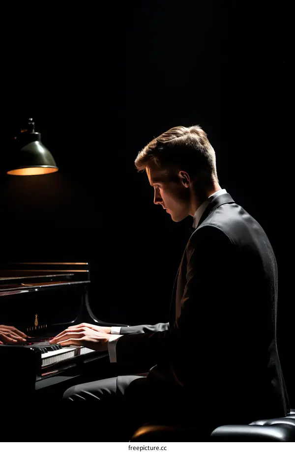 Young male pianist playing the piano in a dark room