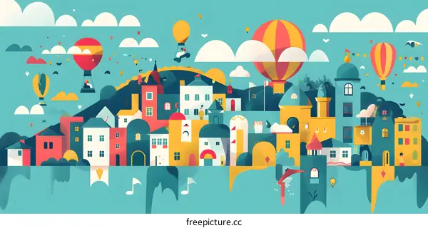 Colorful Illustration of a Cityscape with Hot Air Balloons