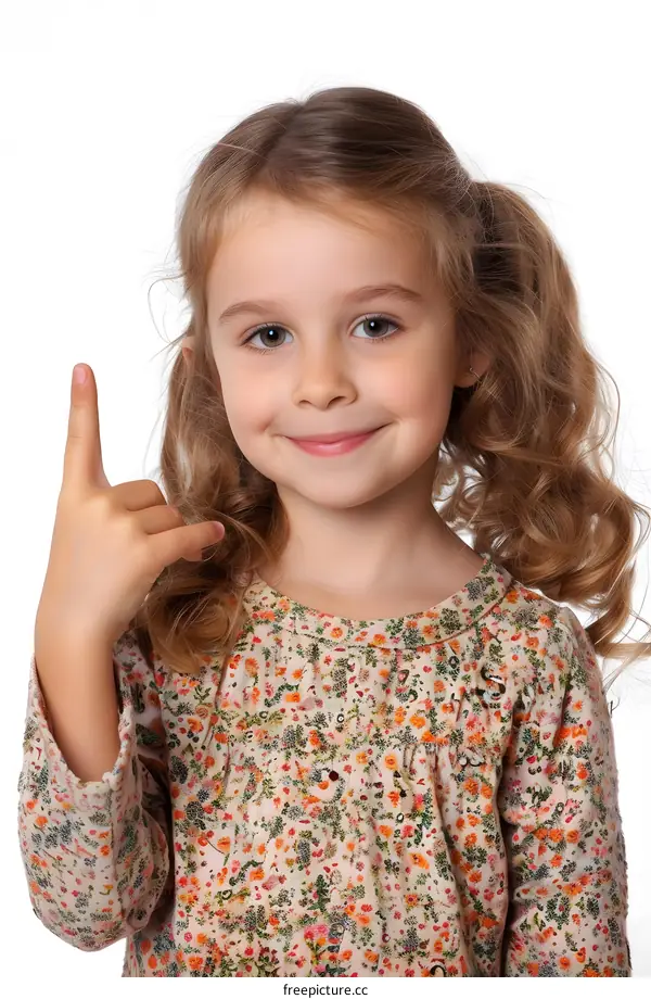 Portrait of a smiling young girl pointing her finger up