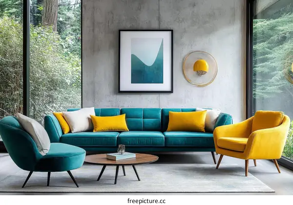 Modern Living Room Interior Design with Teal and Mustard Sofa Set