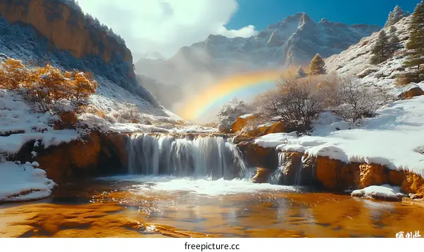Winter Mountain Waterfall with Rainbow and Snow