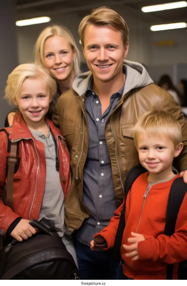 Family of four with blonde hair wearing casual clothes in an airport