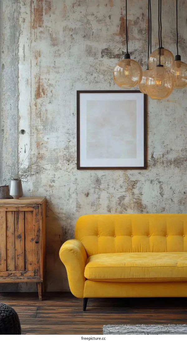 Rustic Industrial Living Room with Yellow Sofa