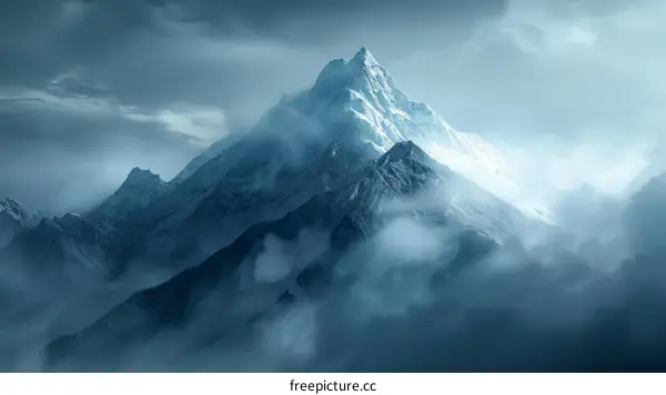 A majestic snow capped mountain peak rising above the clouds