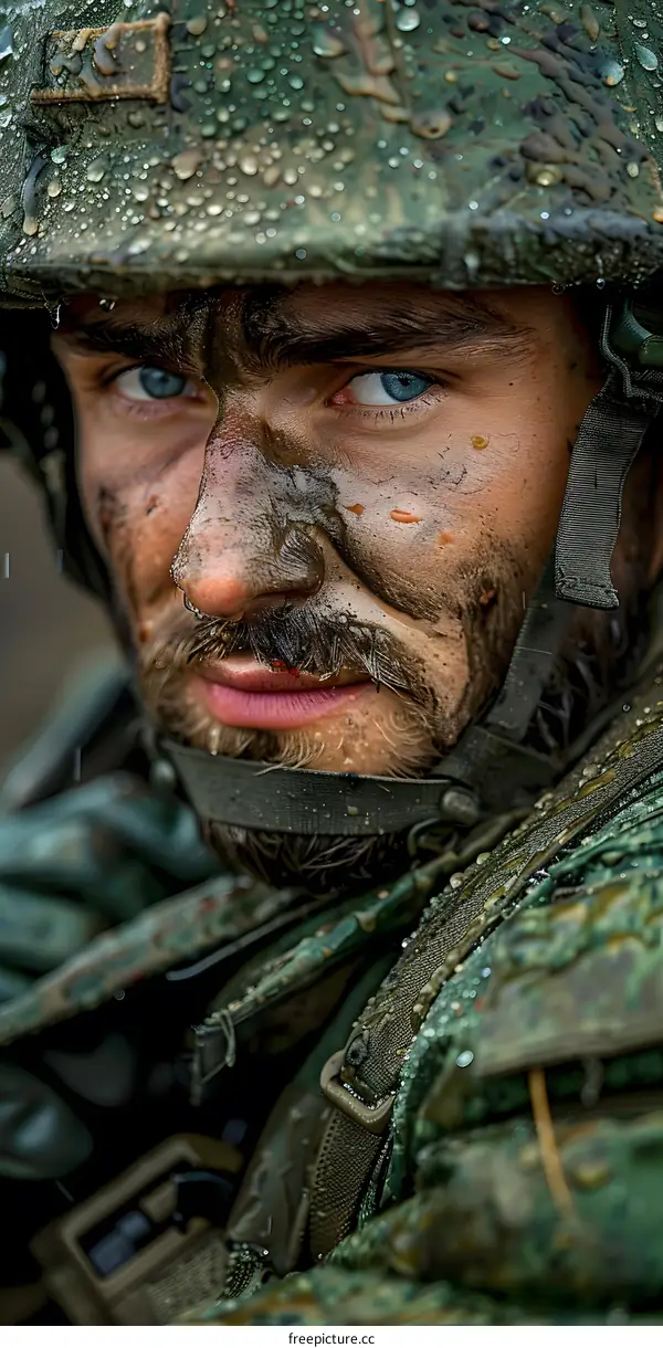 Portrait of a soldier in the rain