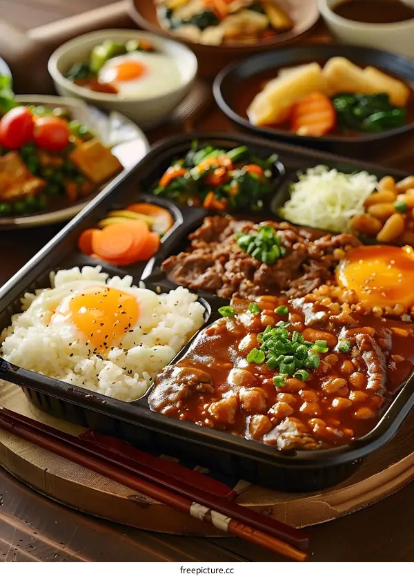A delicious and nutritious meal with rice, beef, vegetables and egg
