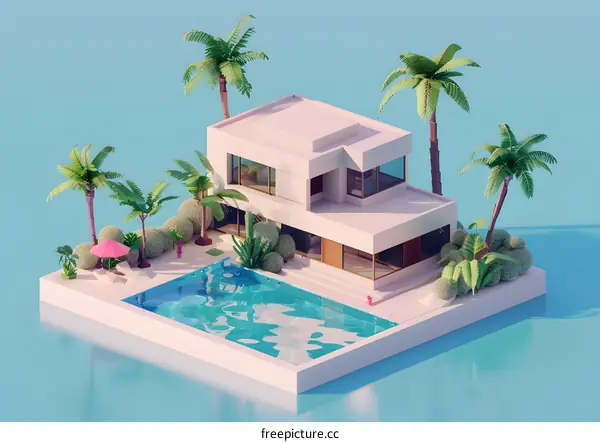 Modern Minimalist House with Pool and Palm Trees Illustration