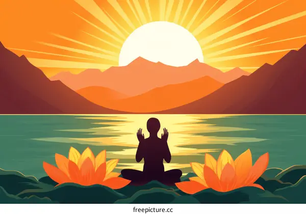 A person meditating in a peaceful lake with mountains in the background