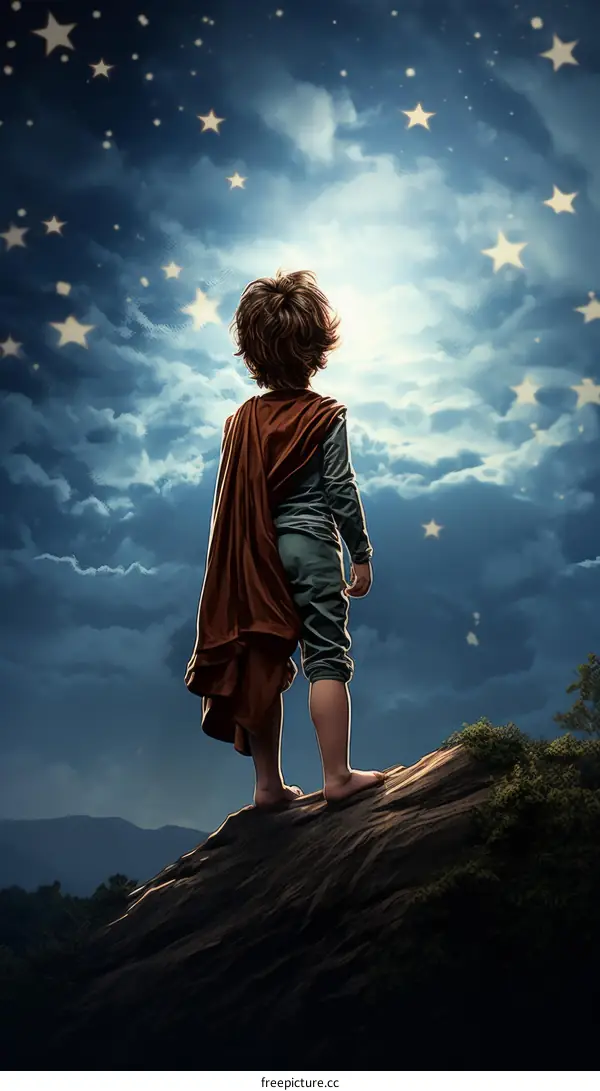 Little boy looking up at the starry night sky