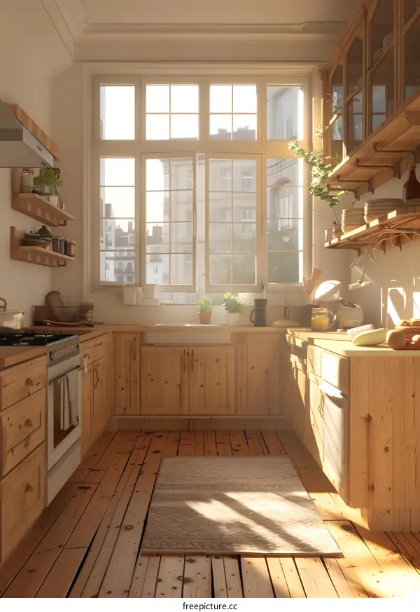 Wooden Kitchen With Large Windows and Sun Shining Through
