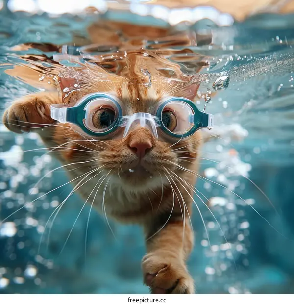 Orange Cat Wearing Goggles While Swimming Underwater