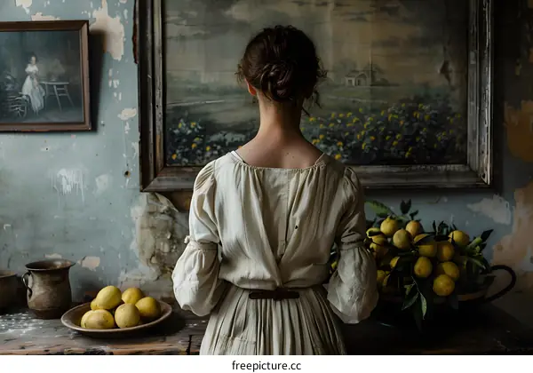 A woman standing in front of a painting of a landscape with lemons on a table