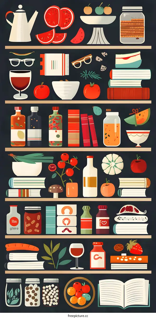 Illustrated Kitchen Shelf With Various Food and Kitchen Items