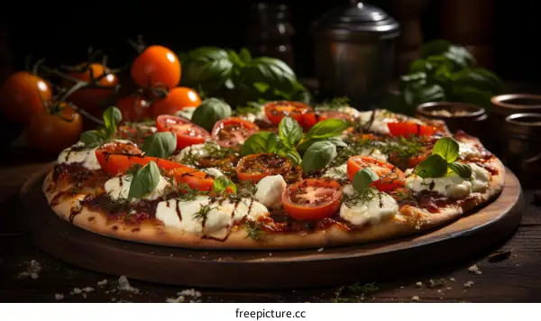 A delicious pizza with fresh tomatoes, basil, and mozzarella cheese