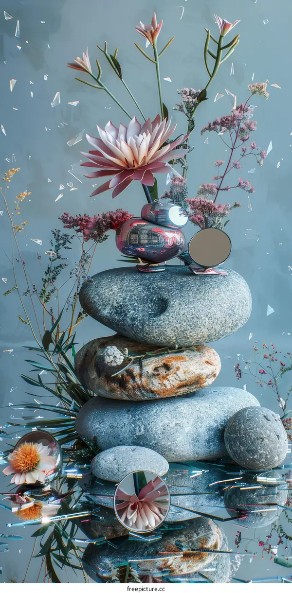 Still life with pink flower and rocks