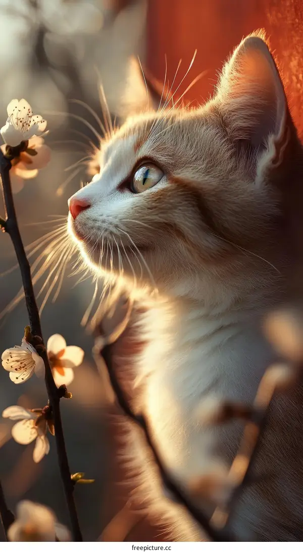 Cute Kitten in Spring Blossom