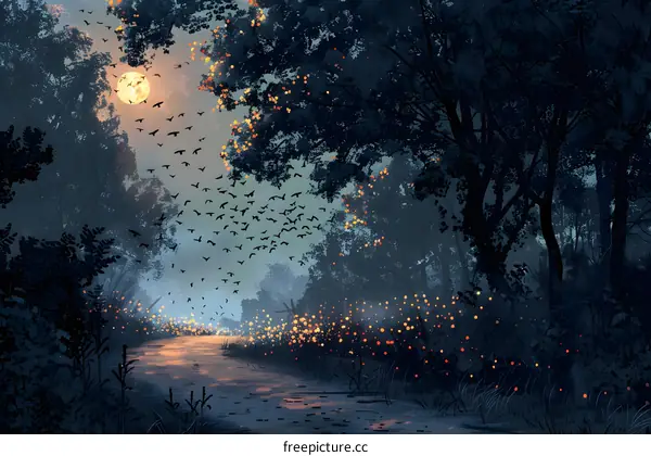 Crows flying over moonlit forest