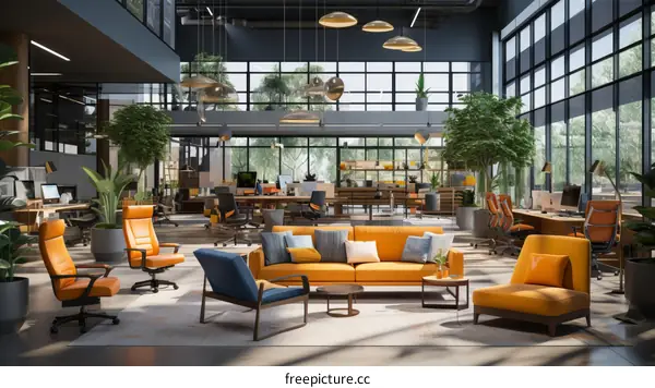 Modern office interior with large windows, plants, and comfortable furniture