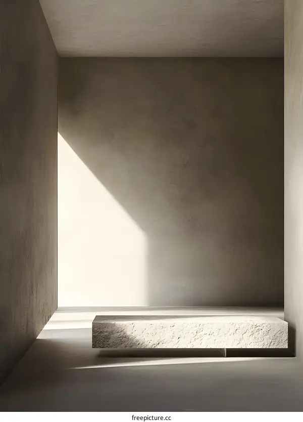 Minimalist Concrete Platform with Light Beam in Empty Room