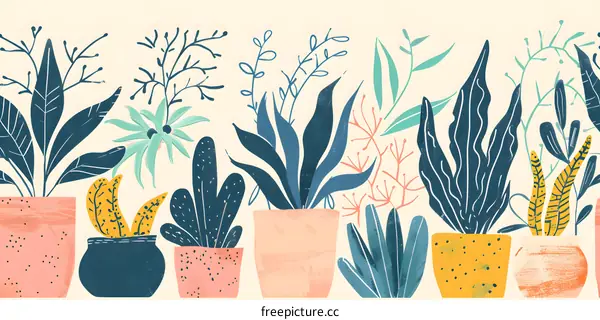 Hand Drawn Illustration of Indoor Plants in Pots
