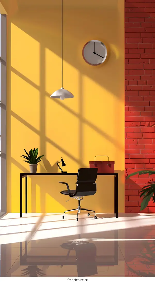 Minimalist Office Desk with Red Brick Wall