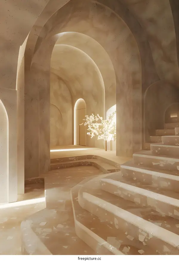 Archway Interior With Stairs and Tree