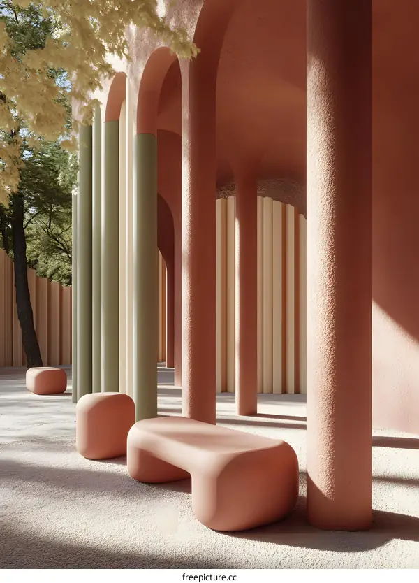 Abstract Minimalist Architecture With Pink And Green Columns