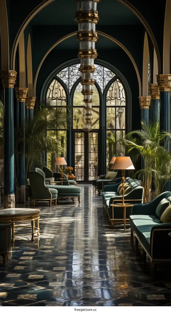 Elegant Hotel Lobby with Green Sofas and Palm Trees