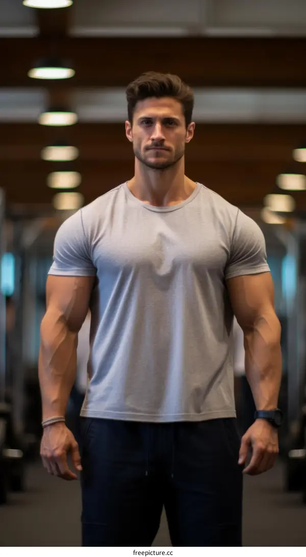 muscular man in grey t-shirt standing in a gym
